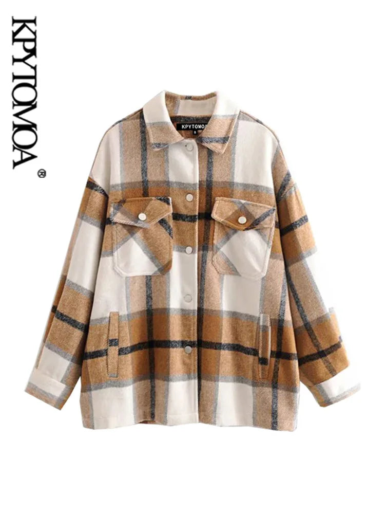 Vintage Stylish Pockets Oversized Plaid Jacket Coat Women Fashion Lapel Collar Long Sleeve Loose Outerwear Chic Tops