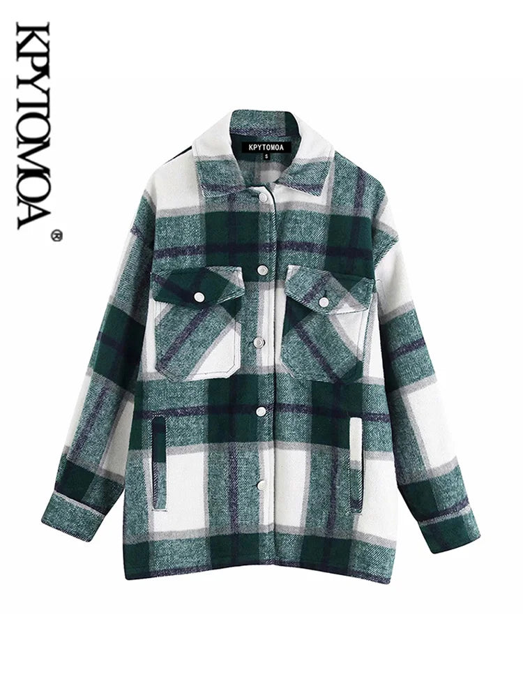 Vintage Stylish Pockets Oversized Plaid Jacket Coat Women Fashion Lapel Collar Long Sleeve Loose Outerwear Chic Tops