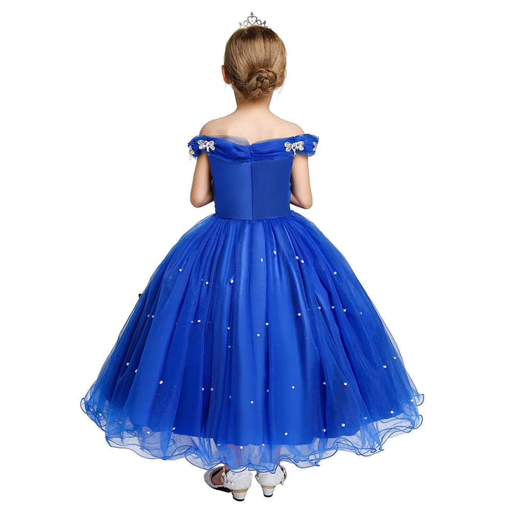 Girl Wedding Princess Dress Kids Halloween Party Cinderella Cosplay Costume Blue Sleeveless Mesh Ball Gown Children Clothes