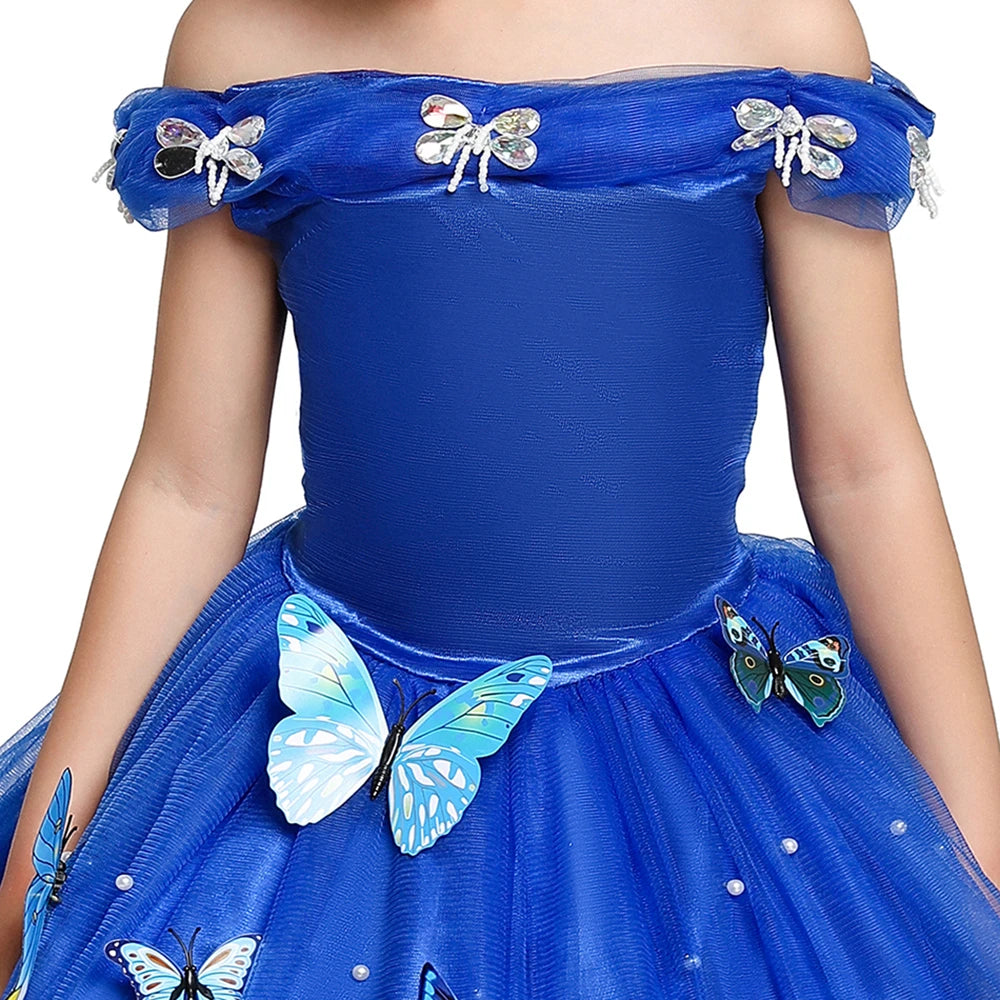 Girl Wedding Princess Dress Kids Halloween Party Cinderella Cosplay Costume Blue Sleeveless Mesh Ball Gown Children Clothes