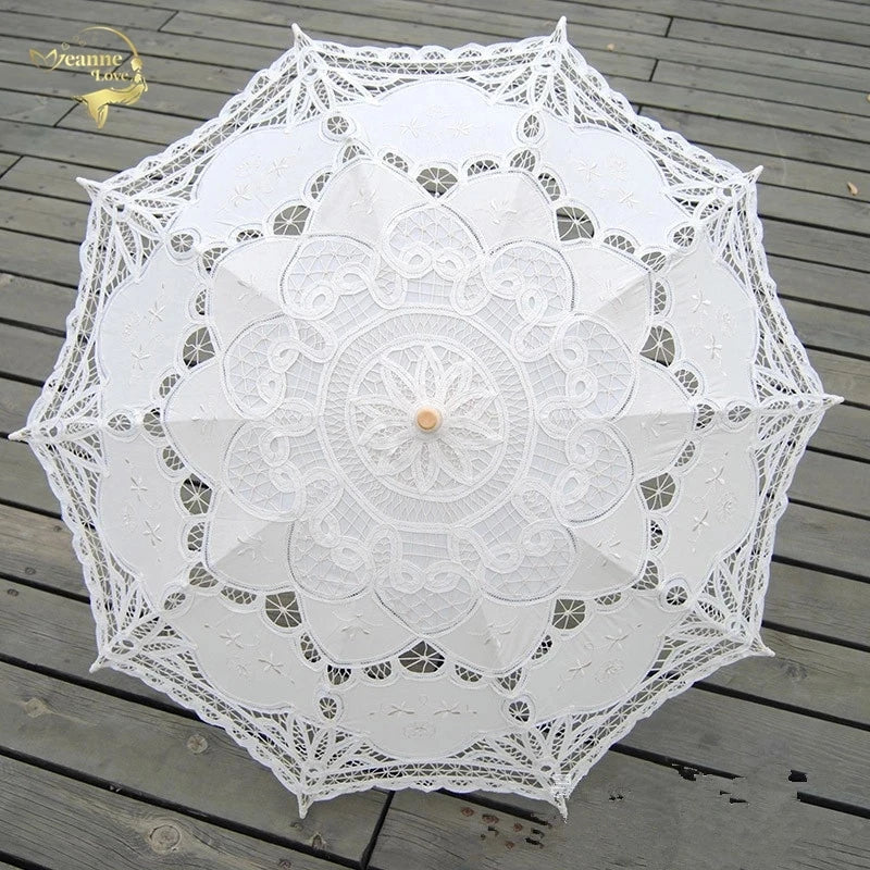 New Sun Umbrella Cotton Embroidery Bridal Umbrella White Ivory Battenburg Lace Parasol Umbrella Decorative umbrella for wedding