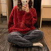 Women Flannel O-Neck Pajamas Set Winter Warm 2PCS Sleepwear Solid Color Nightwear Female Pijamas Suit Coral Fleece Loungewear