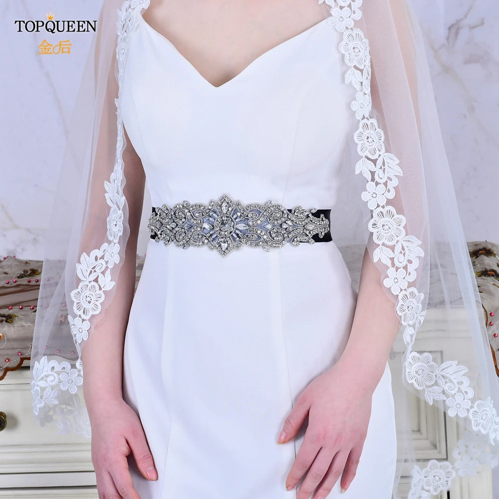 TOPQUEEN S26 Luxury Rhinestones Wedding Dresses Belt Women Crystal Applique Decoration Sparkly for Bride Waistband Bridal Sash