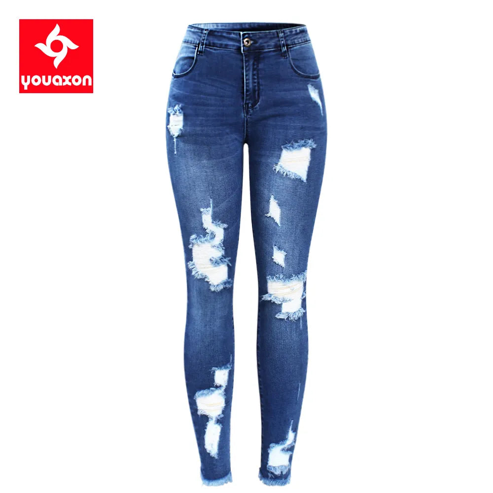 2127 Youaxon New S-XXXXXL Ultra Stretchy Blue Tassel Ripped Jeans Woman Denim Pants Trousers For Women Pencil Skinny Jeans