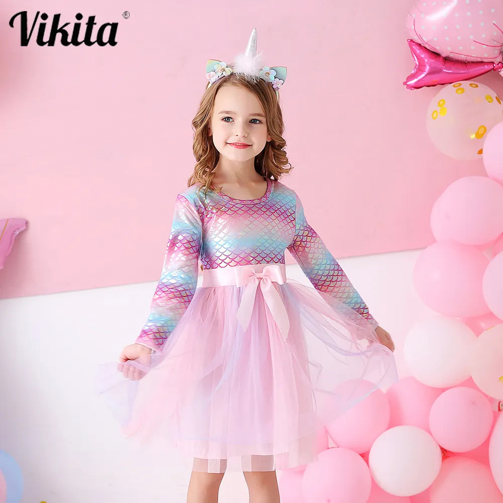 VIKITA Toddler Kid Girl Princess Dress Lace Tulle Wedding Birthday Party Tutu Dress Pageant Children Clothing Kid Costumes