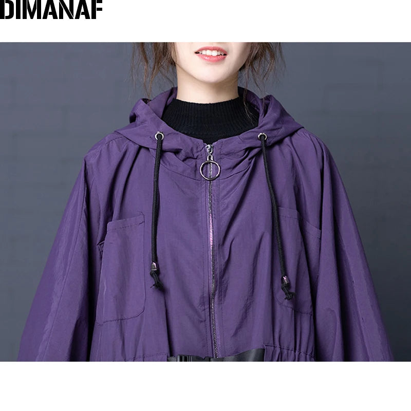 DIMANAF Women Clothing Bomber Jacket Coat Oversize 2021 Autumn Winter Vintage Outerwear Loose Long Sleeve Hooded Zipper Overcoat