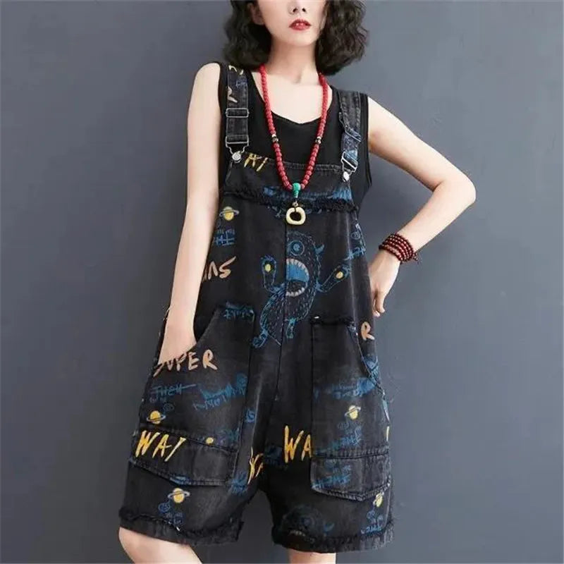 Fashion Cowboy Rompers Women Bib Shorts Female 2022 Summer New Letter Printing Jeans Loose Jumpsuit Denim Five-Point Pants