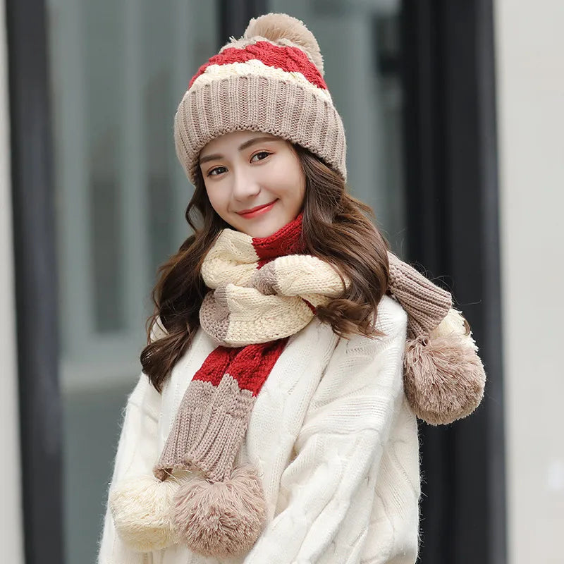 NEW Women's warm winter knitted Beanies hat Hat+scarf+gloves three-piece suit knit Bonnet Beanie Caps Outdoor Riding Sets