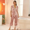 Contrast Lace Scallop Trim Belted Satin Top &amp; Long Pants Women&#39;s Sleepwear Pajamas Set Soft Nightwear