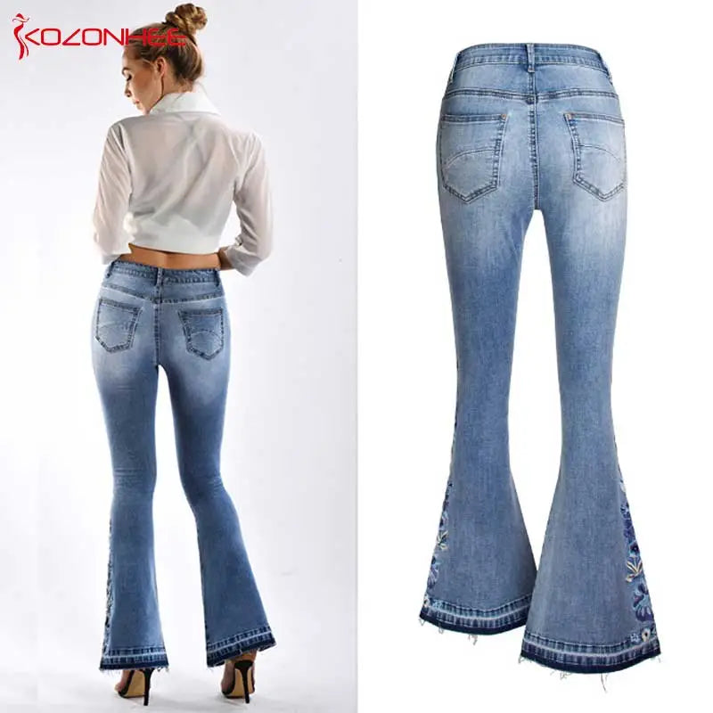 Embroidery Stretching Flare Jeans Women Elasticity Bell-Bottoms Jeans For Girls Light Blue Trousers women Jeans Large Size #72