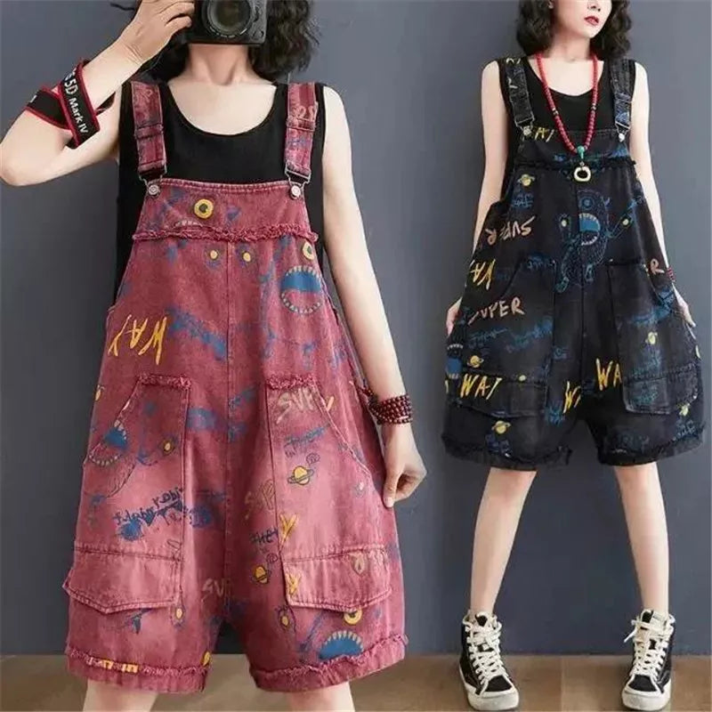 Fashion Cowboy Rompers Women Bib Shorts Female 2022 Summer New Letter Printing Jeans Loose Jumpsuit Denim Five-Point Pants