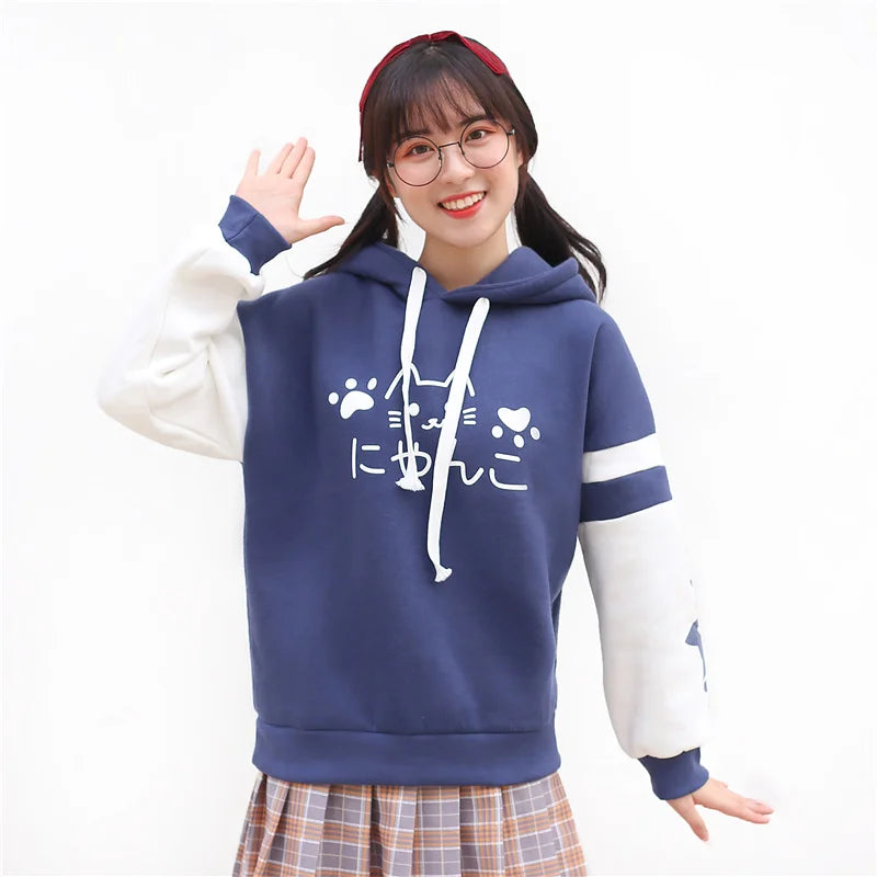 Japanese Kawaii Pink Sweatshirt Women Harajuku Anime Cat Clothes Mori Girl Preppy Warm Lovely Cute Paw Graphic Pullover Moletom