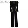 MoaaYina Spring Summer Designer Jumpsuits Women&#39;s V-neck Long sleeve Gold Line Embroidery Velvet Jumpsuits