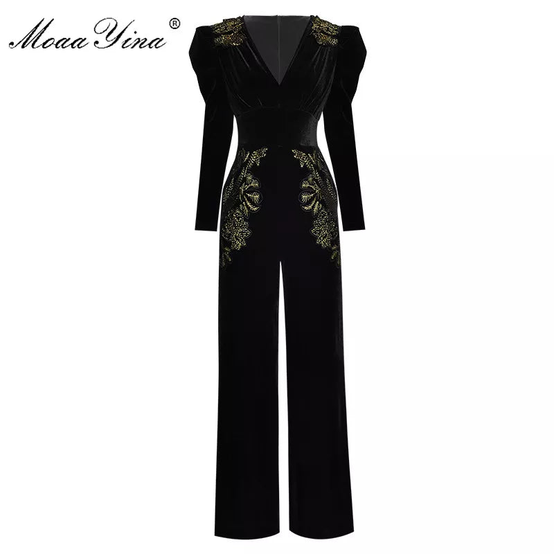 MoaaYina Spring Summer Designer Jumpsuits Women&#39;s V-neck Long sleeve Gold Line Embroidery Velvet Jumpsuits