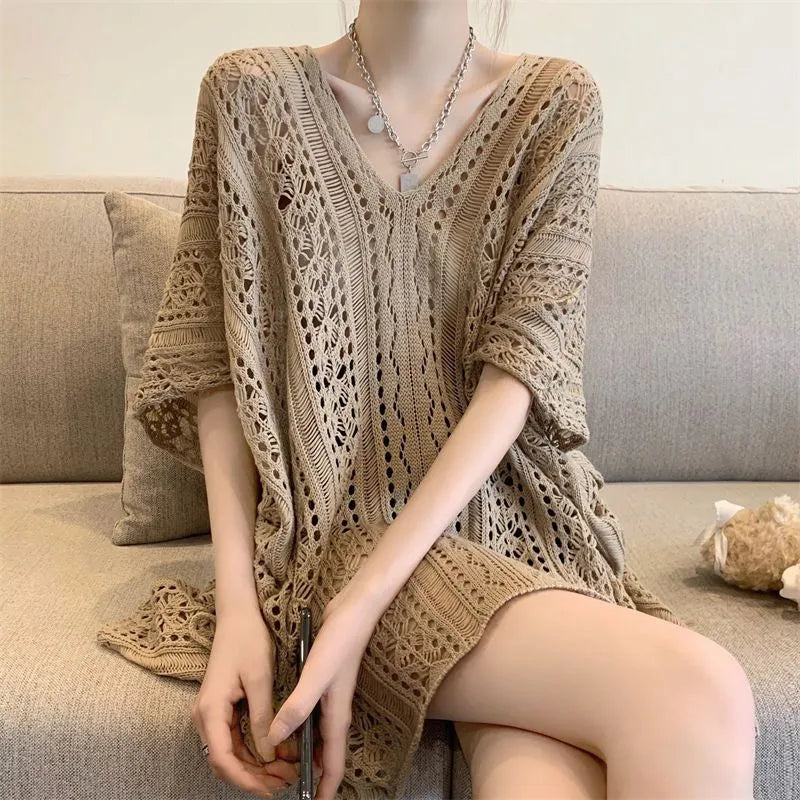 Sexy Hollow Crochet Bikini Cover Up Beach Tunic Top Female 2023 Summer Vacation Oversized Bathing Beachwear Knitwear Women Smock