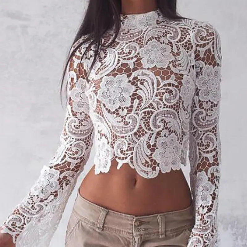 Elegant Turtleneck White Lace blouses See Through Sexy Long Sleeve Crochet Short Blouse Women Fashion Tops Floral Ladies Shirt