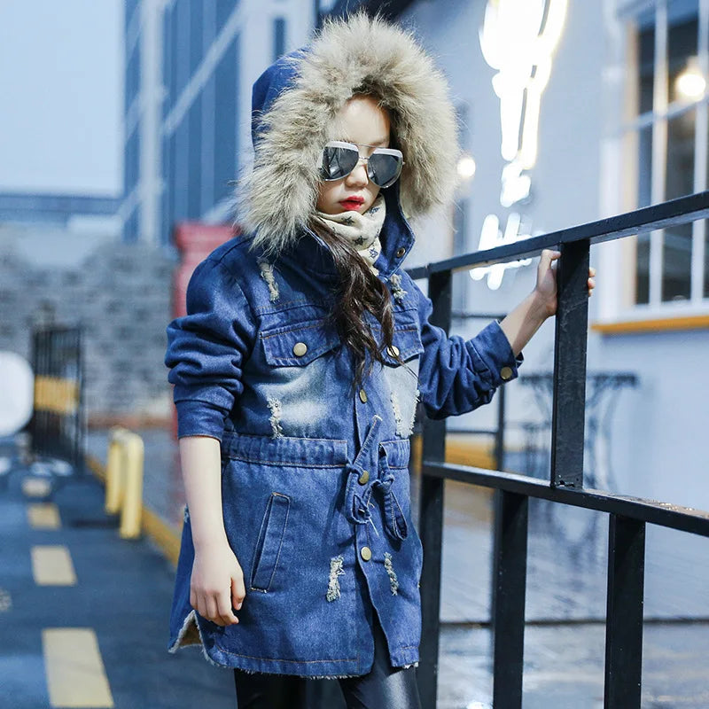 2023 Children kids girls denim jacket large fur collar cotton denim outerwear tops Autumn Winter Basic cowboy jacket for girls