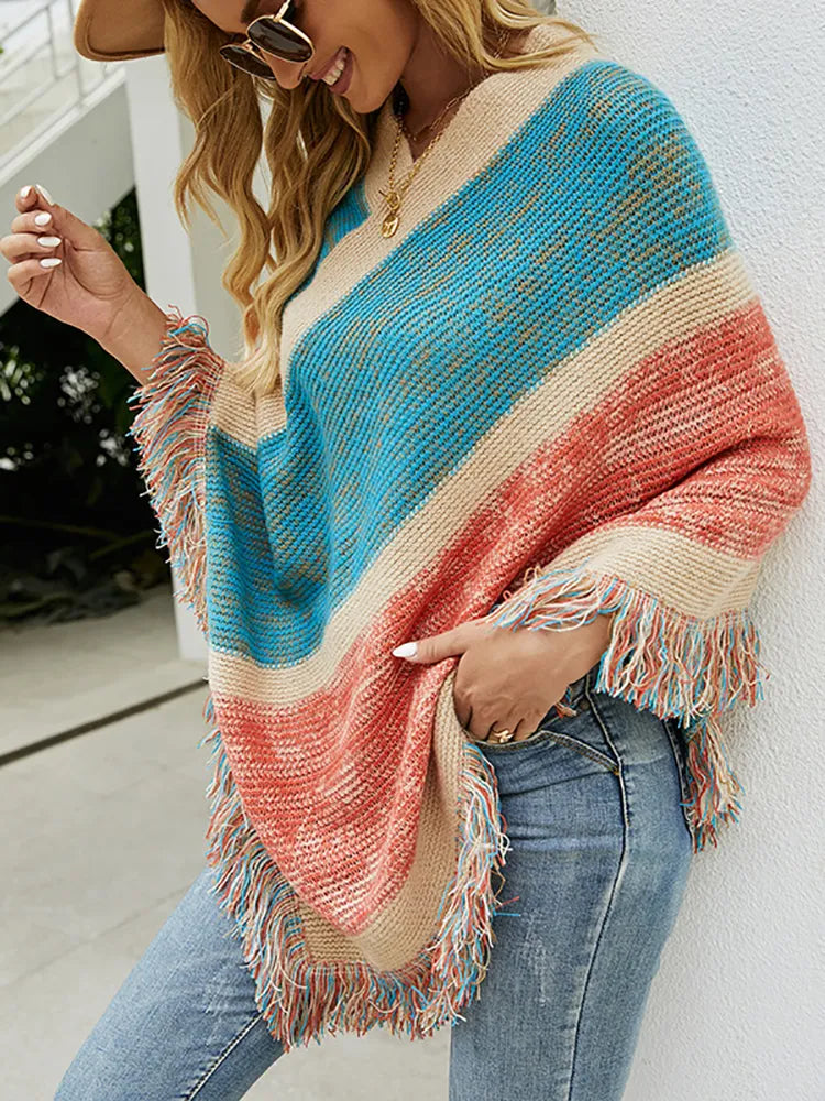 Fitshinling Fashion Vintage Capes And Ponchos Patchwork Fringe Boho Sweater Knitwear Women Clothing Batwing Sleeve Cloak New In