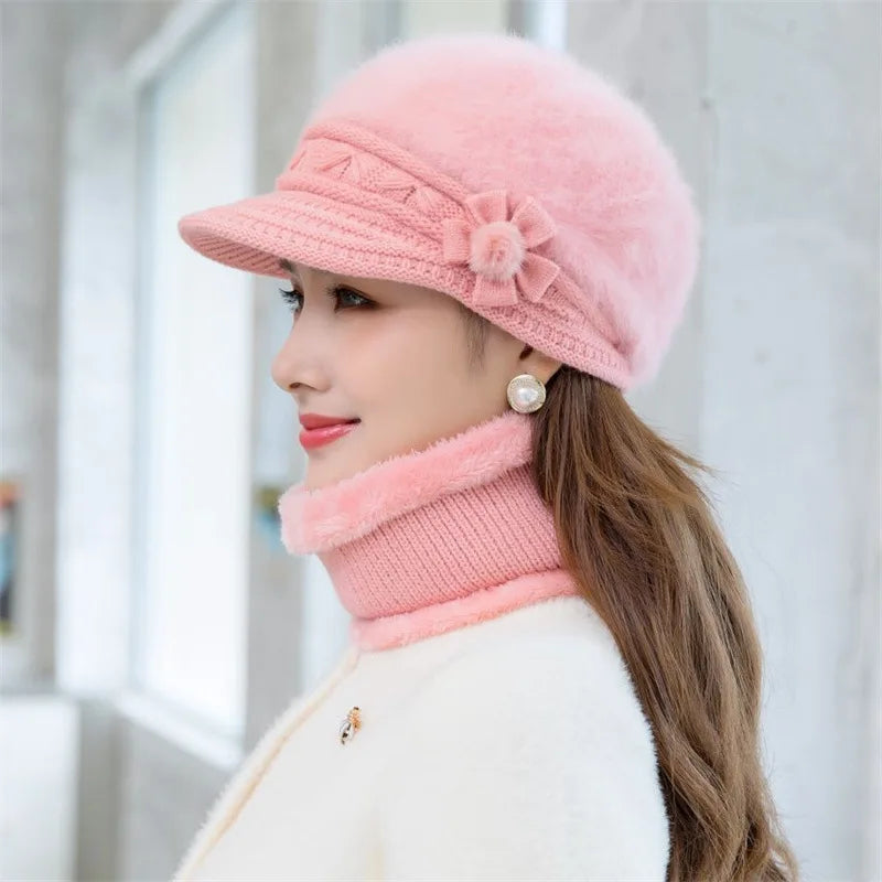 Women's fashion Warm hat scarf gloves winter warm knitting beret peaked cap thickened hat glove scarf Rabbit hair blend 3pc set