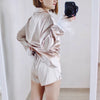 Pajamas For Women 2 Piece Set Feathers Long Sleeve Turn Down Collar Sleepwear Autumn Casual Night Suits With Shorts Satin 2022