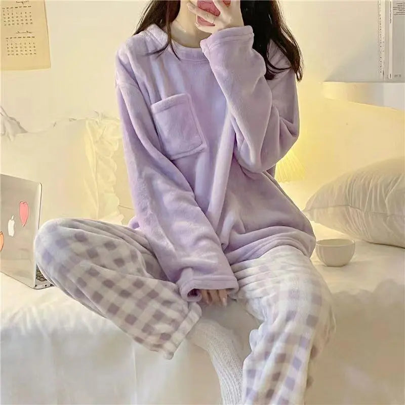 2022 Sanrioed Plush Anime Cinnamoroll Autumn Winter Warm Flannel Women Pyjamas Sets Soft Plushie Girl Loungewear Plus Size Gifts