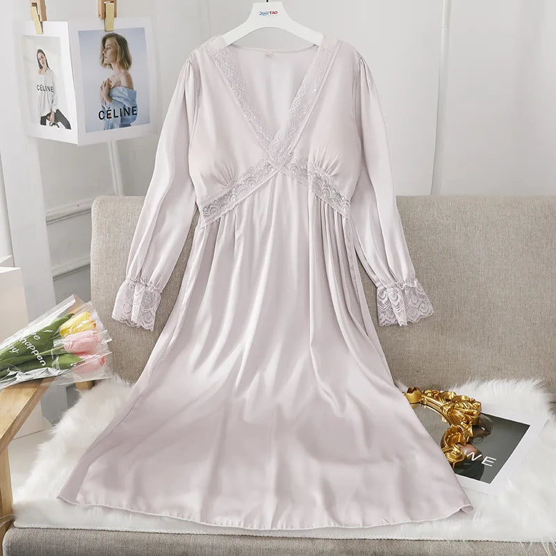 Female Long Nightdress Sexy Hollow Lace Sleepwear Home Dress Palace Style Princess Nightgown Nightwear Casual Satin Loungewear