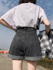 FTLZZ New Summer Women High Waist Button Wigh Leg Jeans Shorts Casual Female Loose Fit Blue Denim Shorts