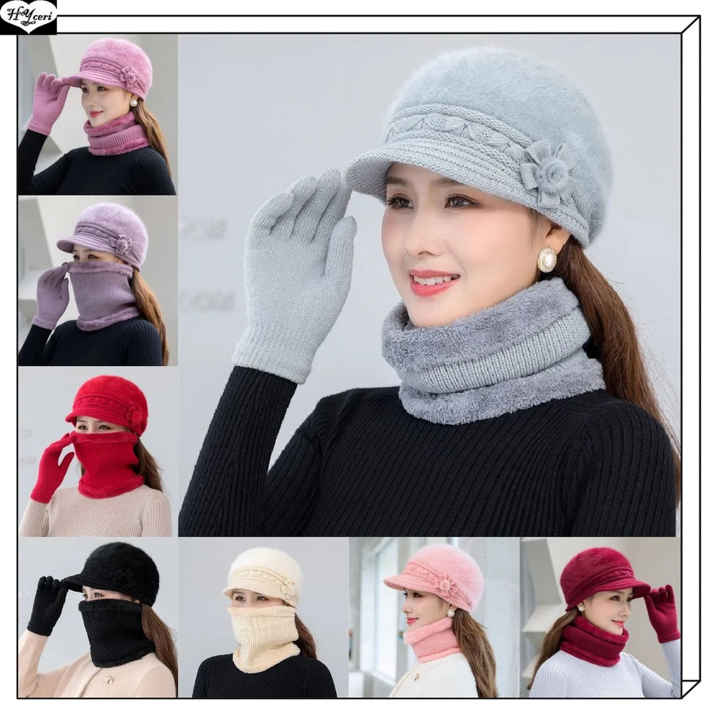 Women's fashion Warm hat scarf gloves winter warm knitting beret peaked cap thickened hat glove scarf Rabbit hair blend 3pc set