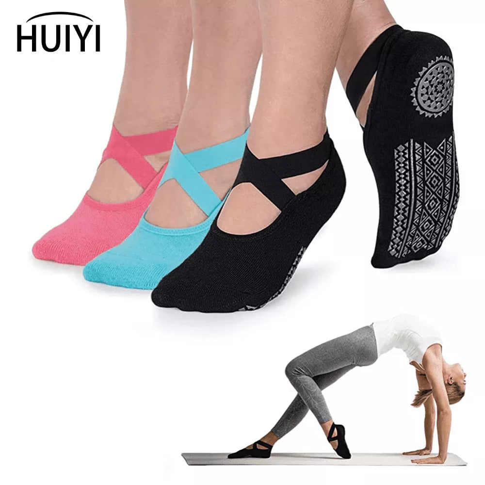 Yoga Socks for Women Non-Slip Grips &amp; Straps, Bandage Cotton Sock, Ideal for Pilates Pure Barre Ballet Dance Barefoot Workout