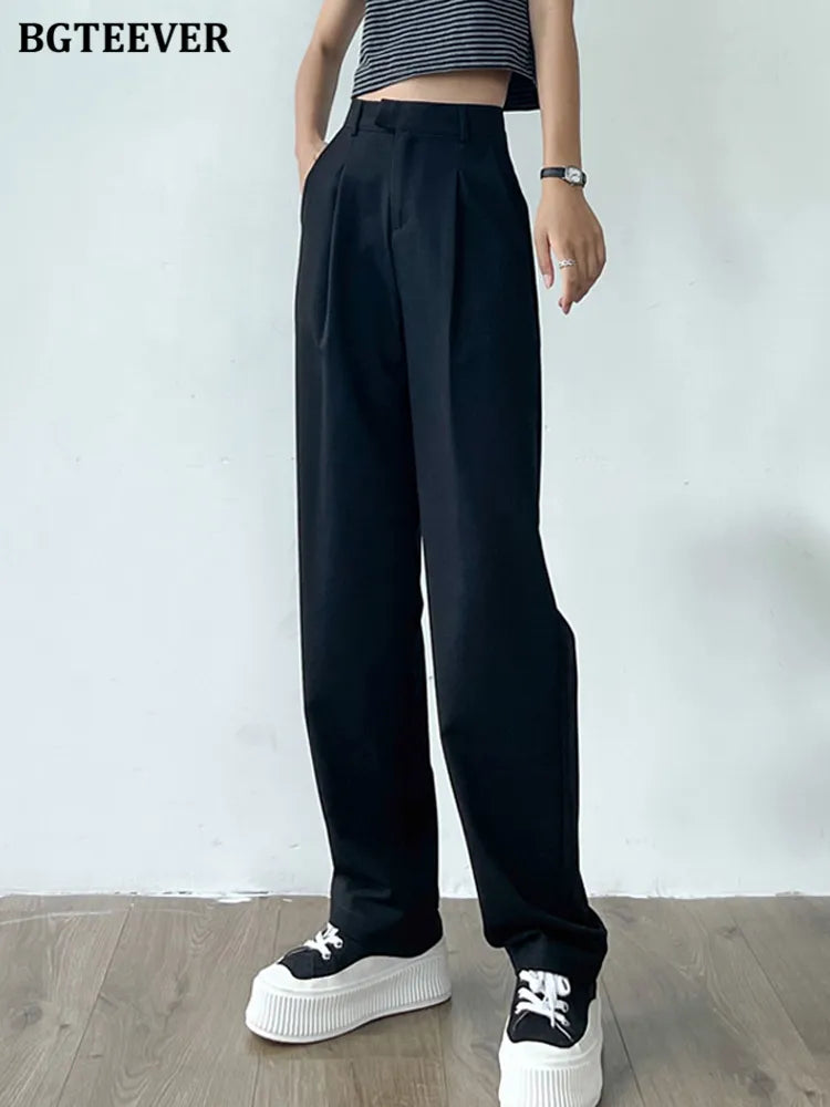 BGTEEVER Casual Loose Pockets Straight Female Trousers Casual High Waist Women Long Pants 2022