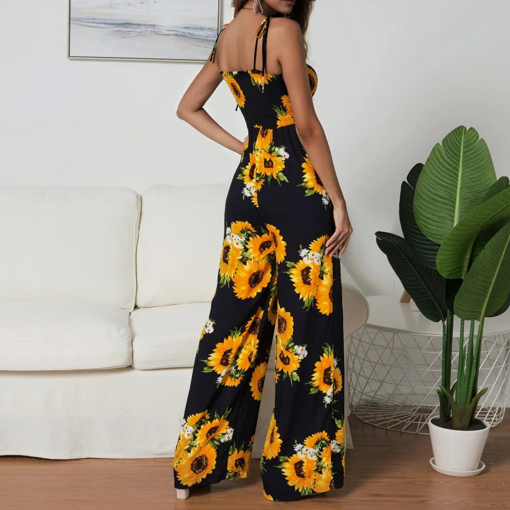 New Sunflower Printed Strap Jumpsuit Women High Waist Rompers Boho Yellow Spaghetti Strap Wide Leg Pants Summer Jumpsuits Ladies