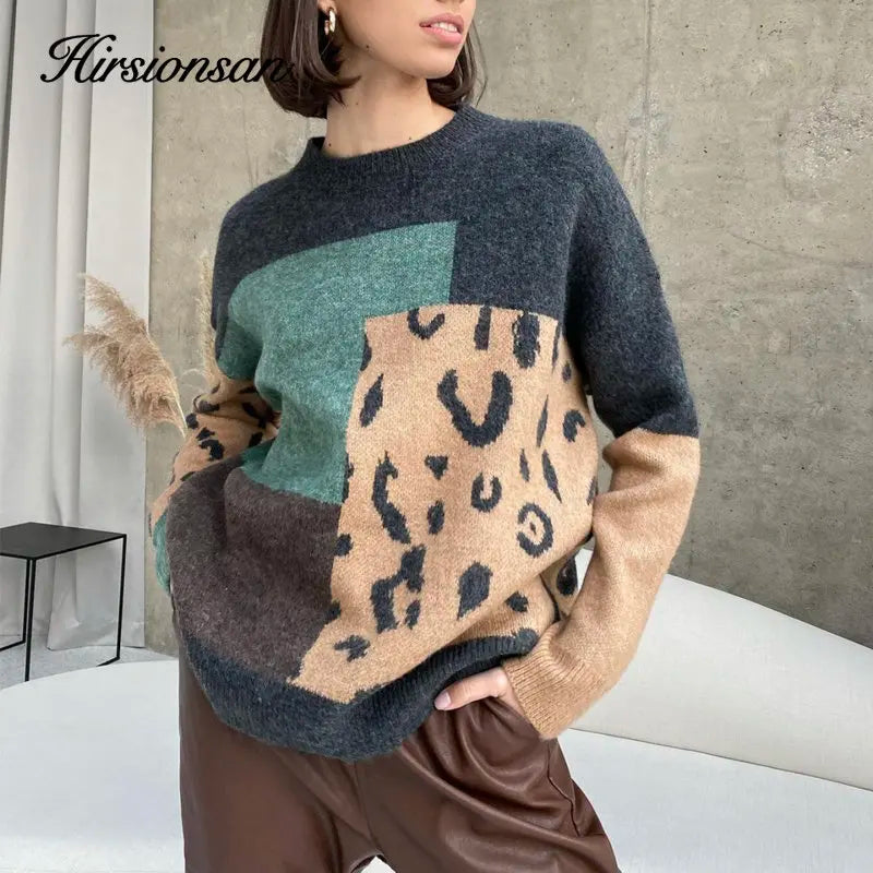 Hirsionsan Leopard Patchwork Cashmere Sweater Women Loose Casual Knitted Pullovers Autumn Soft Knitwear Female Retro Jumper