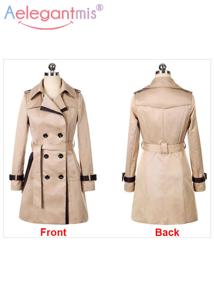 Aelegantmis 2023 Autumn Women Double Breasted Long Trench Coat Khaki With Belt Classic Casual Office Lady Business Outwear Fall