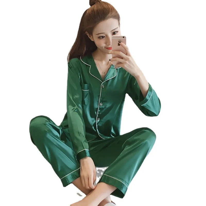 Silk Satin Pajamas for Womens Pyjamas Set Long Sleeve Sleepwear Women Pajamas Suit Female Two Piece Set Loungewear Plus Size