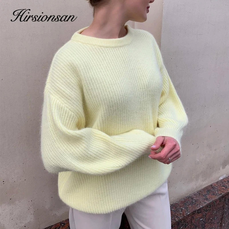 Hirsionsan Soft Loose Knitted Cashmere Sweaters Women 2021 New Winter Loose Solid Female Pullovers Warm Basic Knitwear Jumper