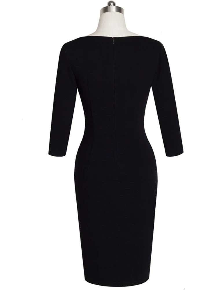 Nice-forever  Mature Elegant Sexy V-neck Stylish Button Work dress Office Bodycon Female 3/4 Sleeve Sheath Woman Dress B335