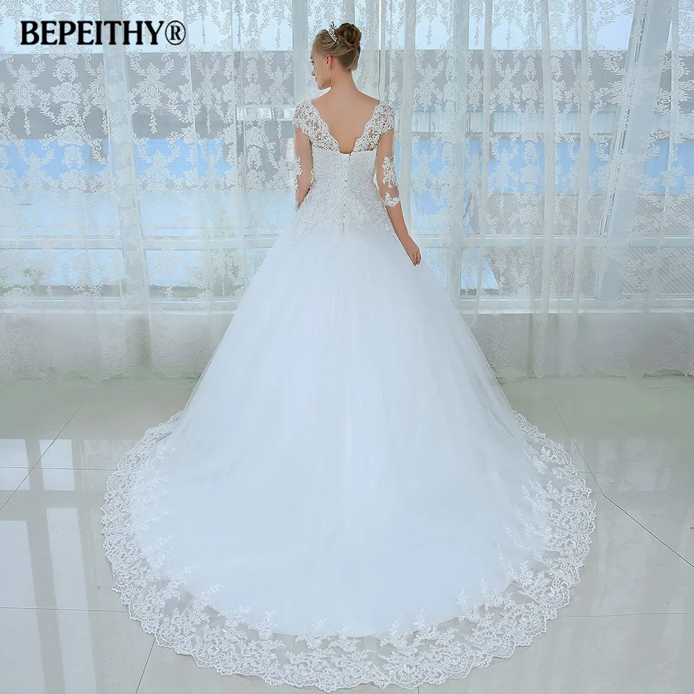 BEPEITHY Scoop-neck Three Quarter Sleeves Wedding Dresses For Women Bride White Lace Elegant Bridal Gown 2023 Vestidos De Novia