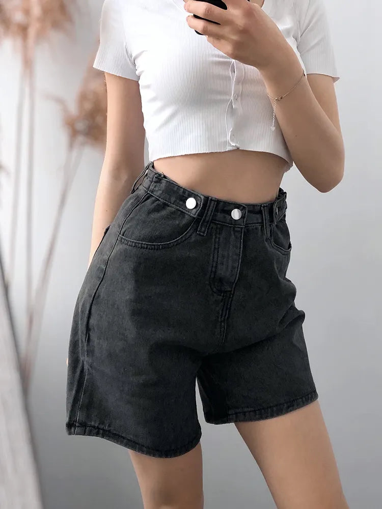 FTLZZ New Summer Women High Waist Button Wigh Leg Jeans Shorts Casual Female Loose Fit Blue Denim Shorts