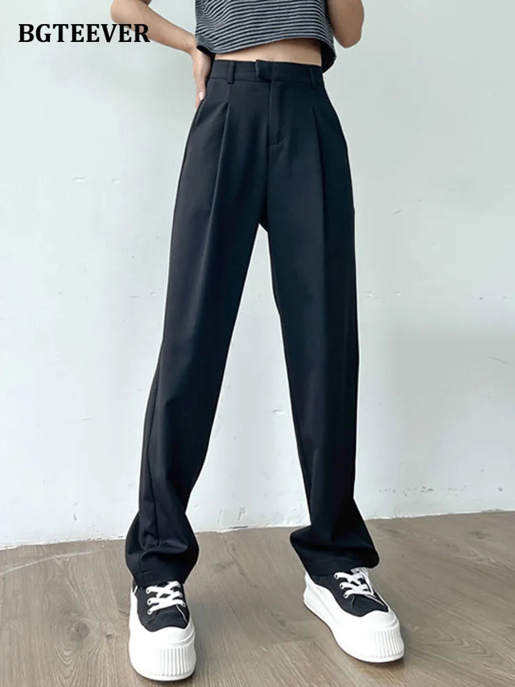 BGTEEVER Casual Loose Pockets Straight Female Trousers Casual High Waist Women Long Pants 2022