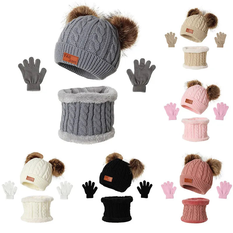 Beanies Baby Hat Pompom Winter Children Hat Knitted Cute Cap Scarf Gloves Suit For Girl Boy Casual Solid Color Hat Baby Beanies