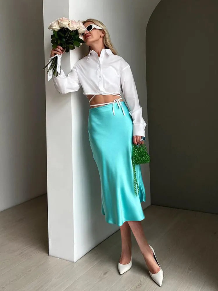 Mnealways18 Solid Purple Satin Silk Skirt Women High Waisted Summer Long Skirt New 2022 Elegant Ladies Office Skirts Midi Spring