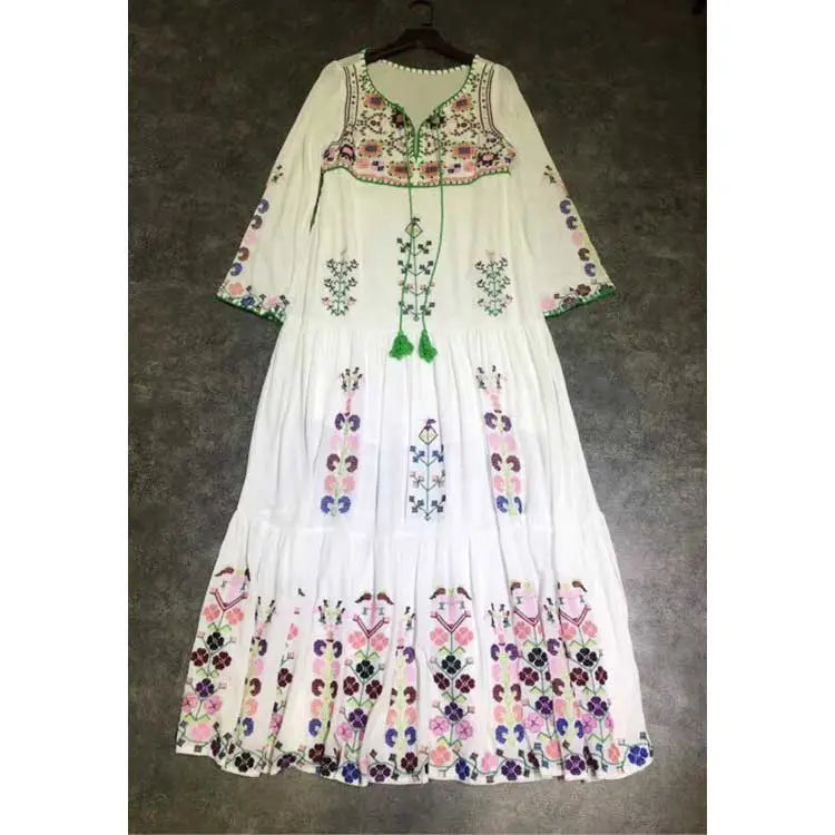 Boho Inspired floral embroidered long Sleeve white dress women V-neck tassel boho dress maxi chic style dress gypsy vestido 2020