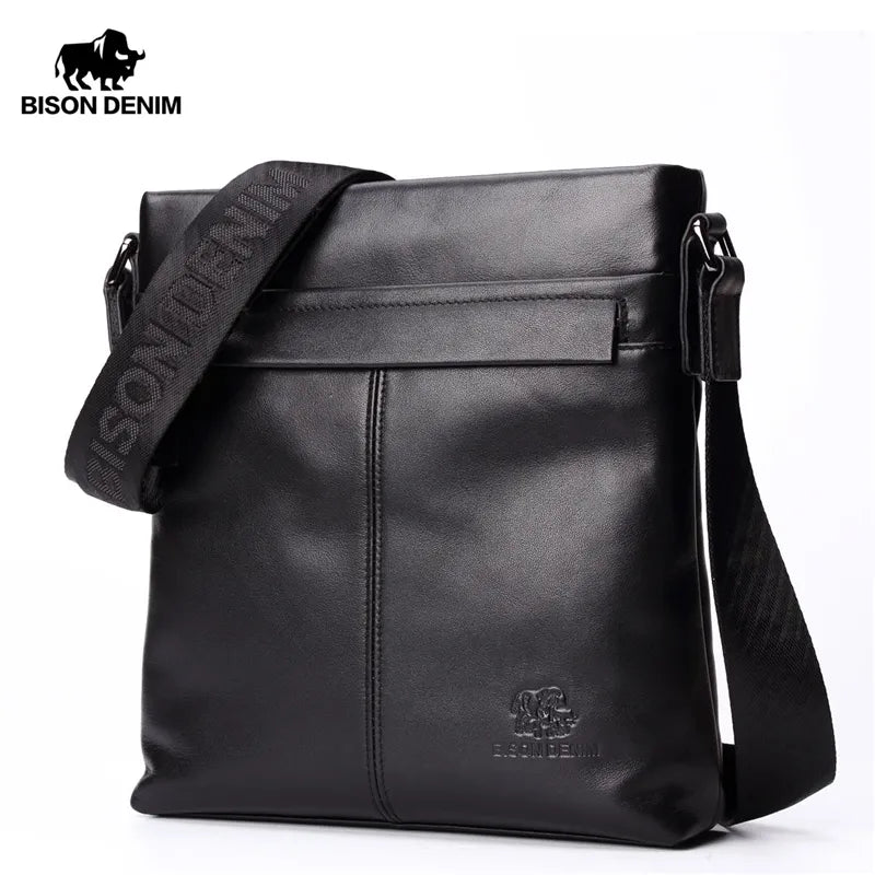 BISON DENIM Soft Genuine Leather Men Shoulder Bag 10.5" Ipad Cowhide Crossbody Bag for Men Casual Work Business Messenger Bag