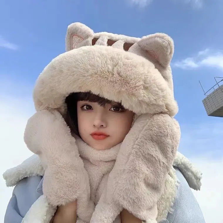 New Korean Hooded Bear Beanie Lady Winter Hats Big Fur Scarf Warm Thick Hat For Women Soft Gloves Kitten Three-Pece Cap Ski Hat