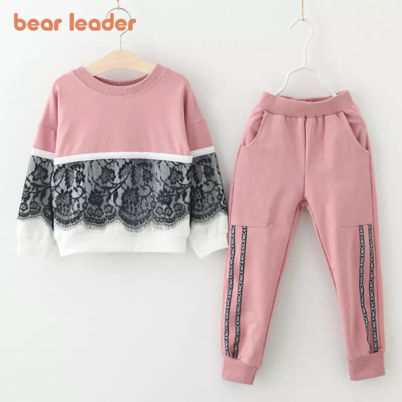 Bear Leader Girls Clothing Sets New Spring Active Girls Clothes Lace Children Clothing Cartoon Print Sweatshirts Pants Suit 3-7Y