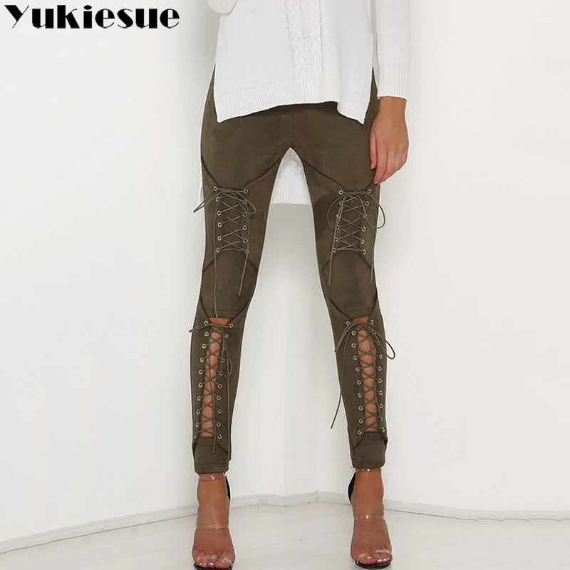 Autumn Sexy Women Lace Up Faux Suede Stretch Bodycon Pencil Pants Hollow Out Winter Female High Waist Bandage Pants