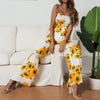 New Sunflower Printed Strap Jumpsuit Women High Waist Rompers Boho Yellow Spaghetti Strap Wide Leg Pants Summer Jumpsuits Ladies