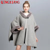 Women Winter Faux Rabbit Fur Batwing Sleeves Poncho Cloak Warm Thick Horn Buckle Big Pendulum Outstreet Loose Coat With Hat