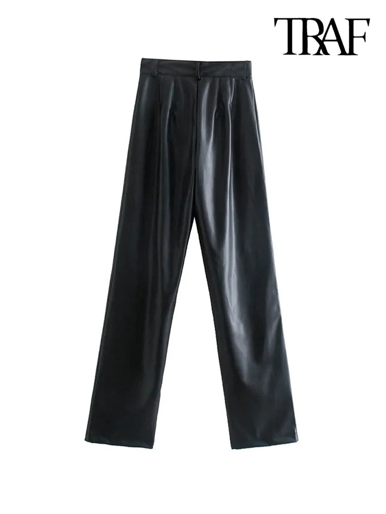 TRAF Women Fashion Faux Leather Straight Pants Vintage High Waist Zipper Fly Female Trousers Mujer