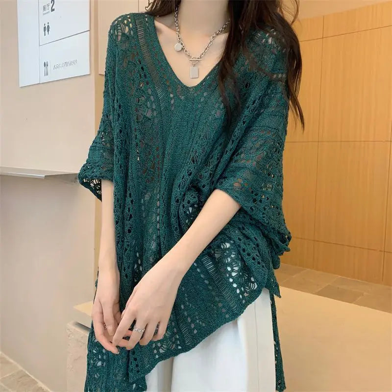 Sexy Hollow Crochet Bikini Cover Up Beach Tunic Top Female 2023 Summer Vacation Oversized Bathing Beachwear Knitwear Women Smock